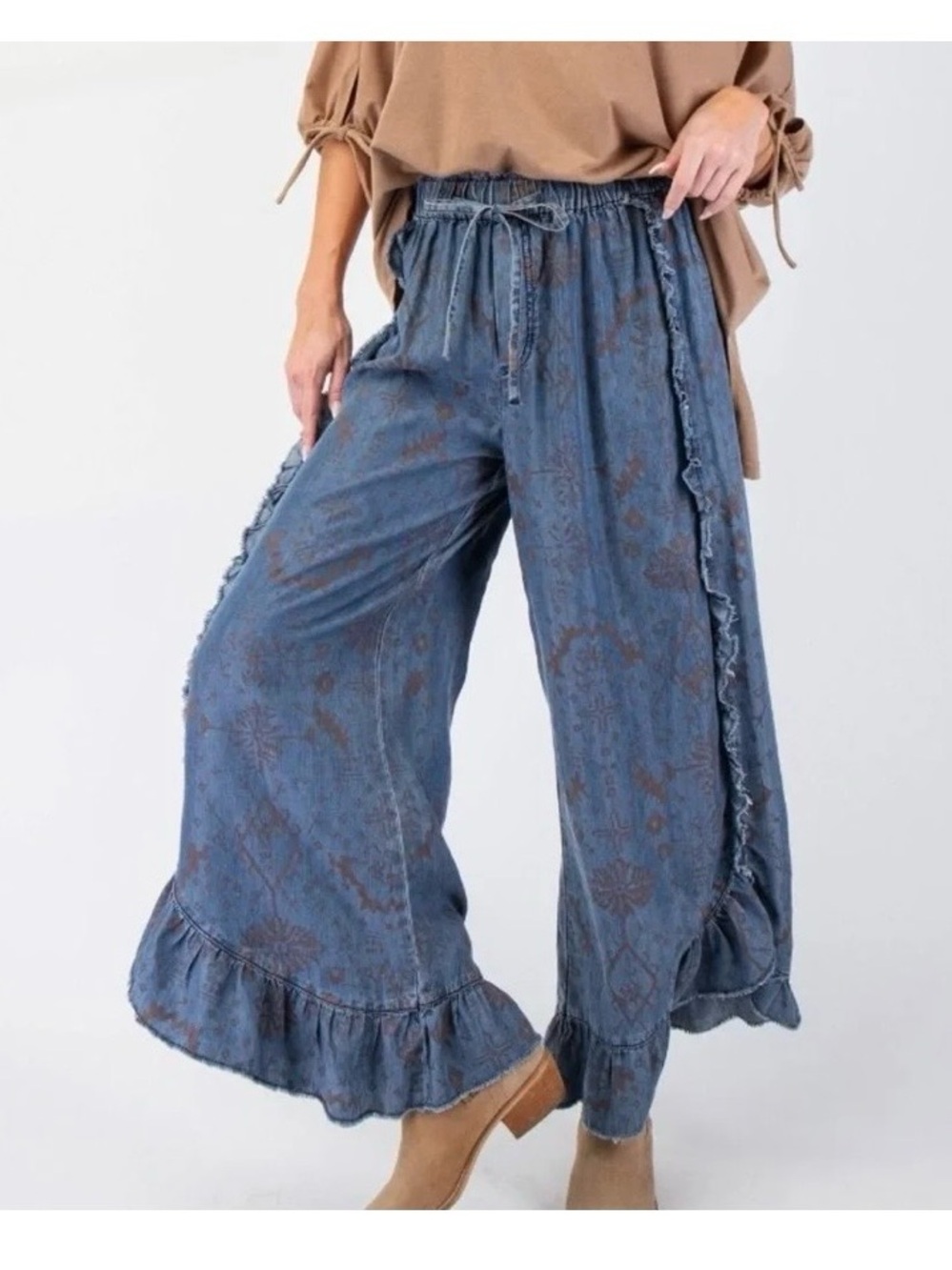 EASEL 100%Tencel Washed Denim Patterned Print Chambray Pants 1XL